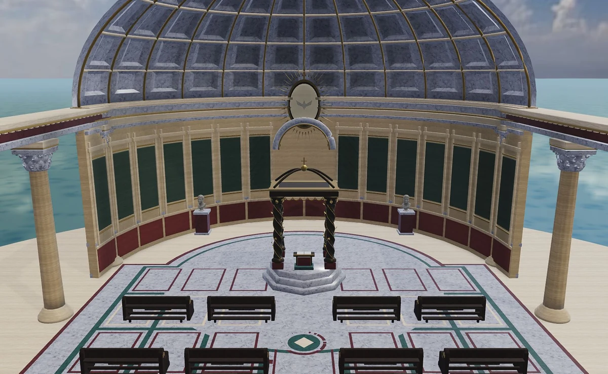 The basilica-inspired sanctuary in the actual TribeDen world, with pews facing the pulpit.