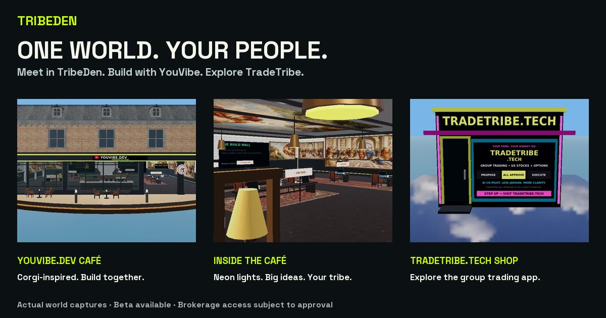 Actual TribeDen world captures: the YouVibe.dev café exterior and charcoal interior beside the TradeTribe.tech shop. Beta available; brokerage access subject to approval.