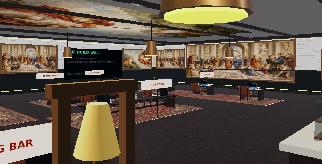 The YouVibe.dev Café in TribeDen: charcoal panelling, neon lime lights, classical corgi murals and shared coding desks.